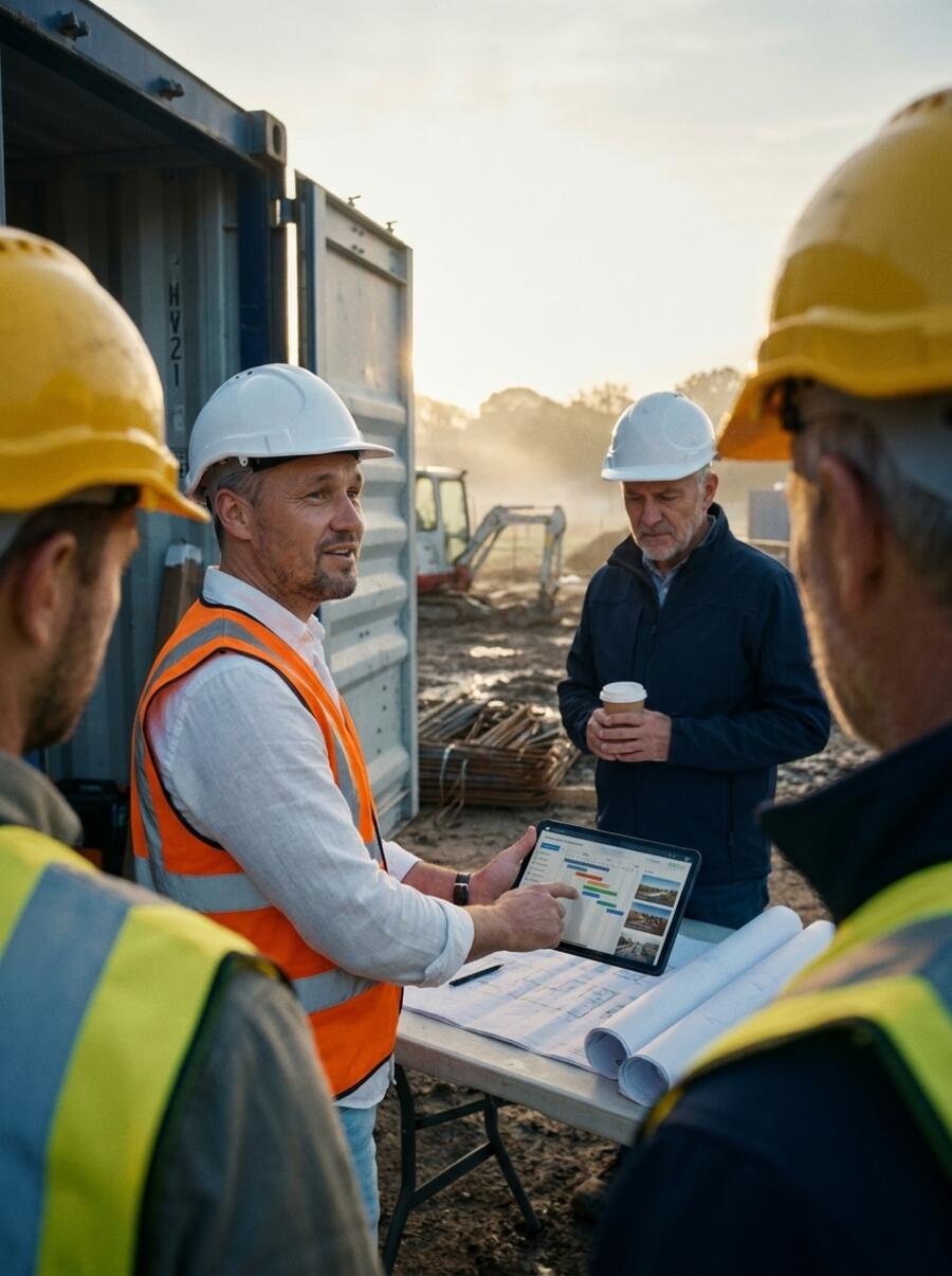 Frühmorgens am Baucontainer, Pläne und Kaffee